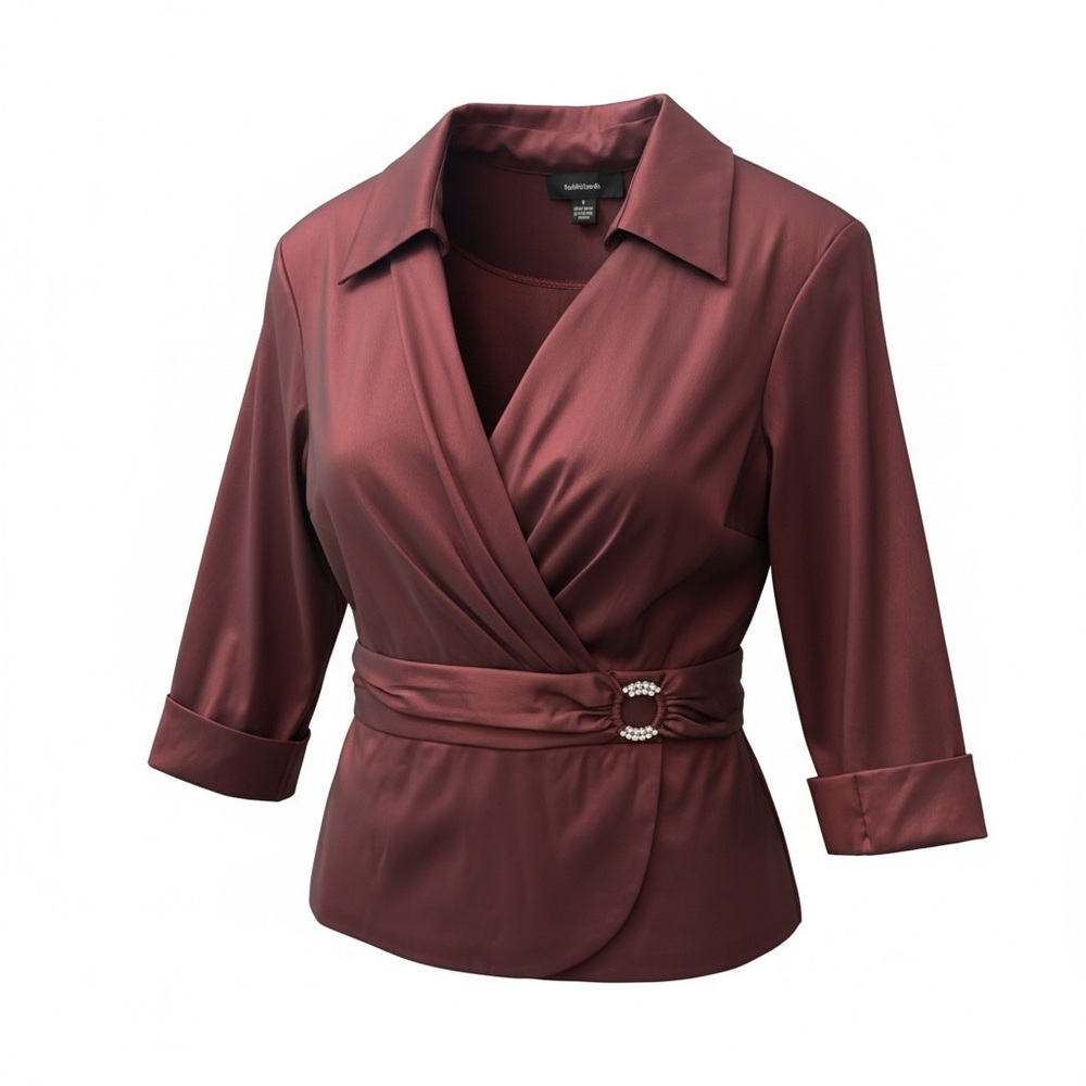 R&M Richards Burgundy Satin Wrap Blouse - Women - Picture 2 of 6